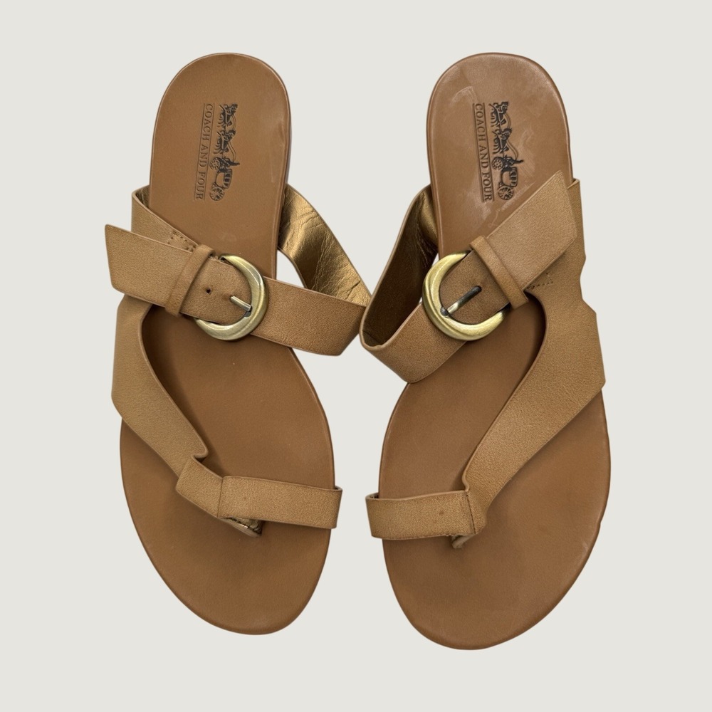 Size 7.5 Coach And Four Italy Leather Toe Loop Sandals Brown Strappy Buckle